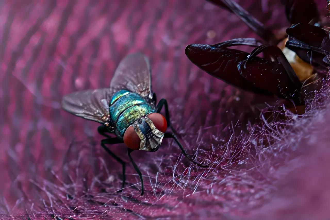 Iridescent fly on purple surface macro