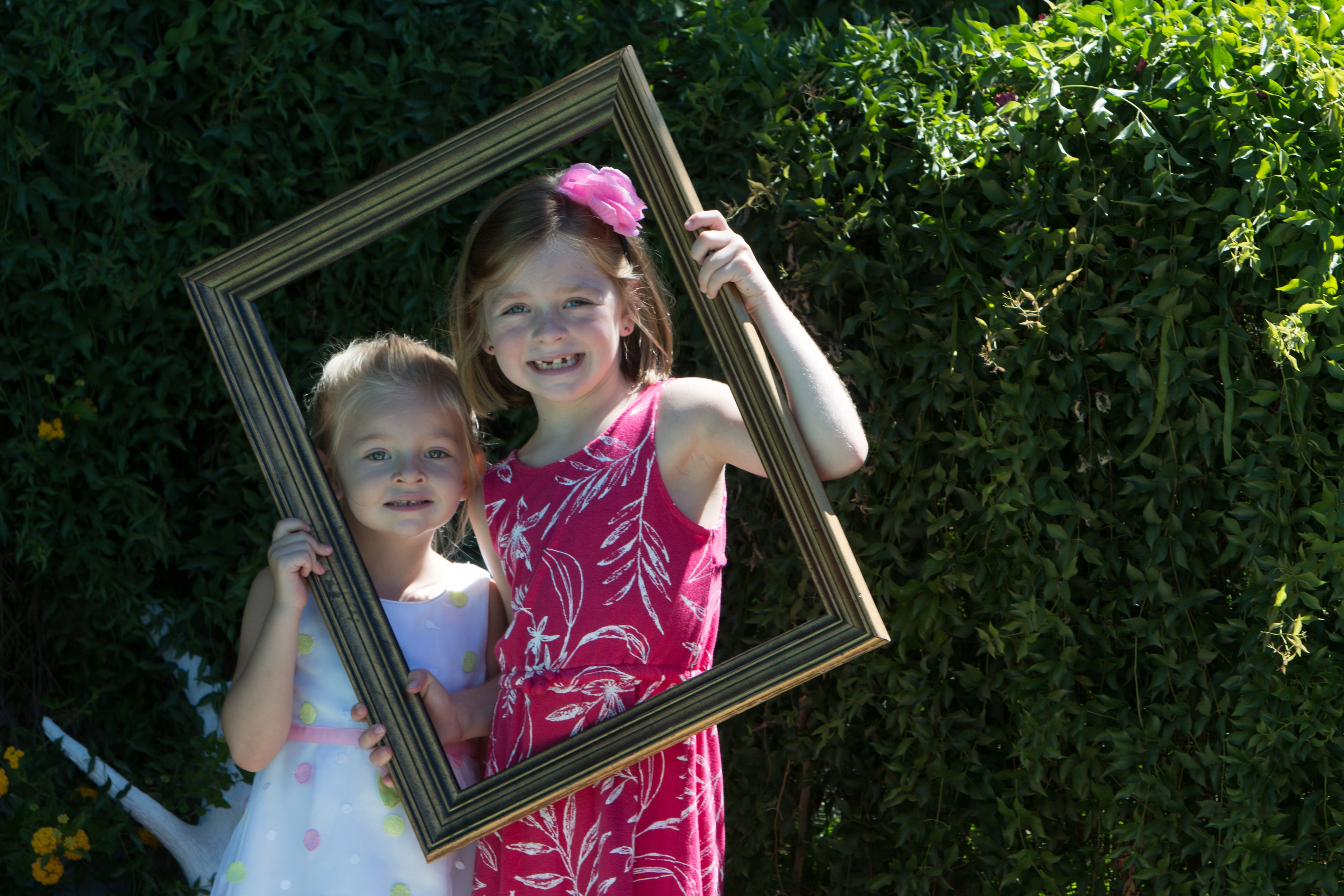 Two young sisters in dresses holding a large ornate picture frame together in a sunny garden with green hedges behind them